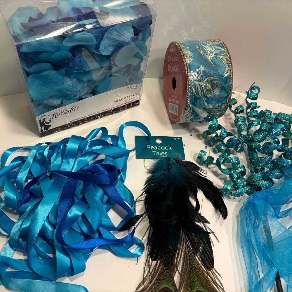 Blue party supplies spiral picks ribbon peacock feathers flowers prom parties